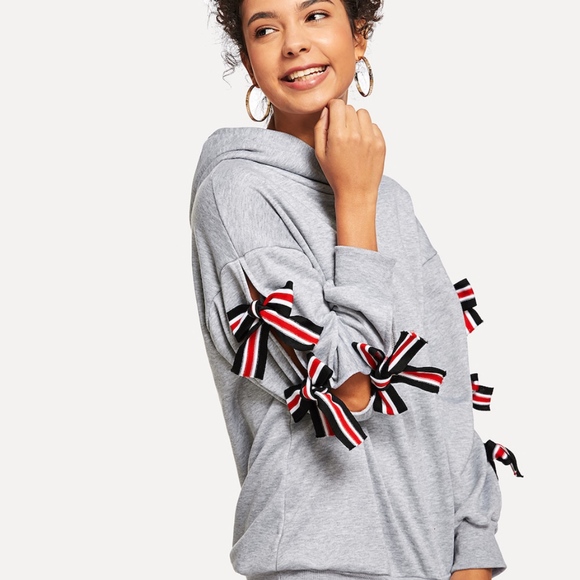 Grey Cut Out Bow Sleeve Hoodie Sweatshirt - Picture 2 of 5